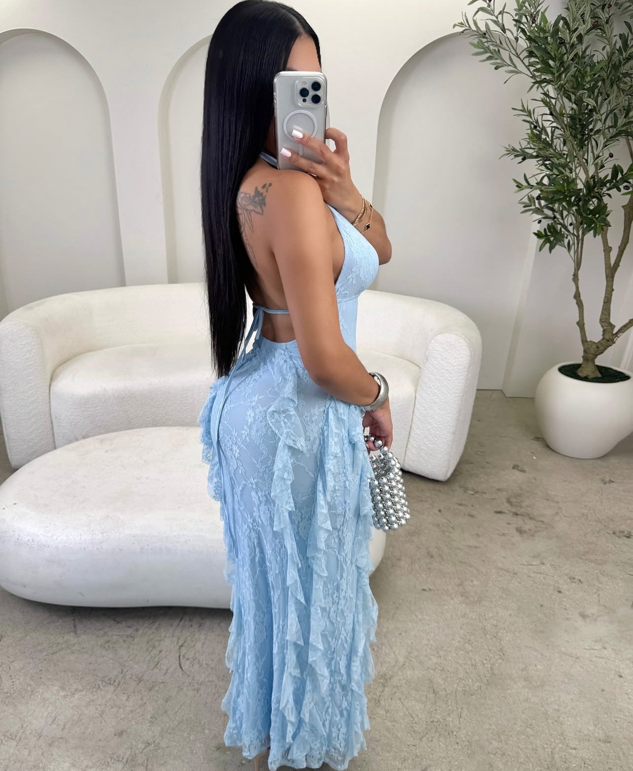 VL80057 Vestido longo sensual com decote alto e amarração nas costas