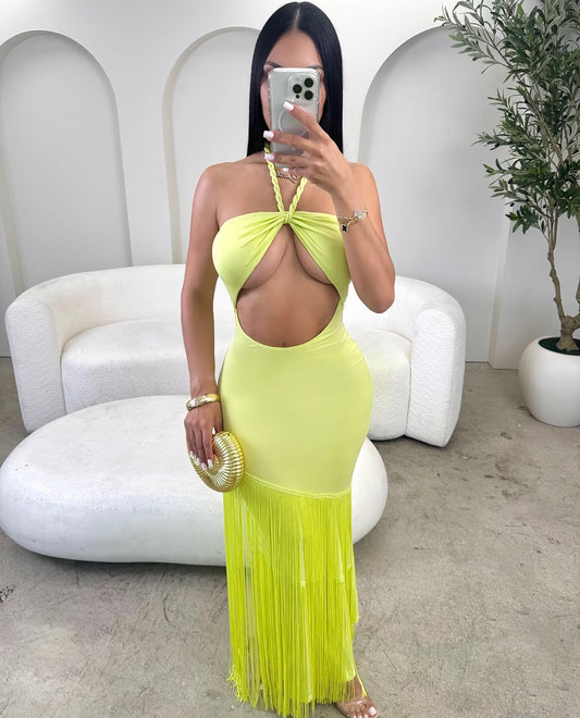 SX Vestido longo sexy com franja alça de corda