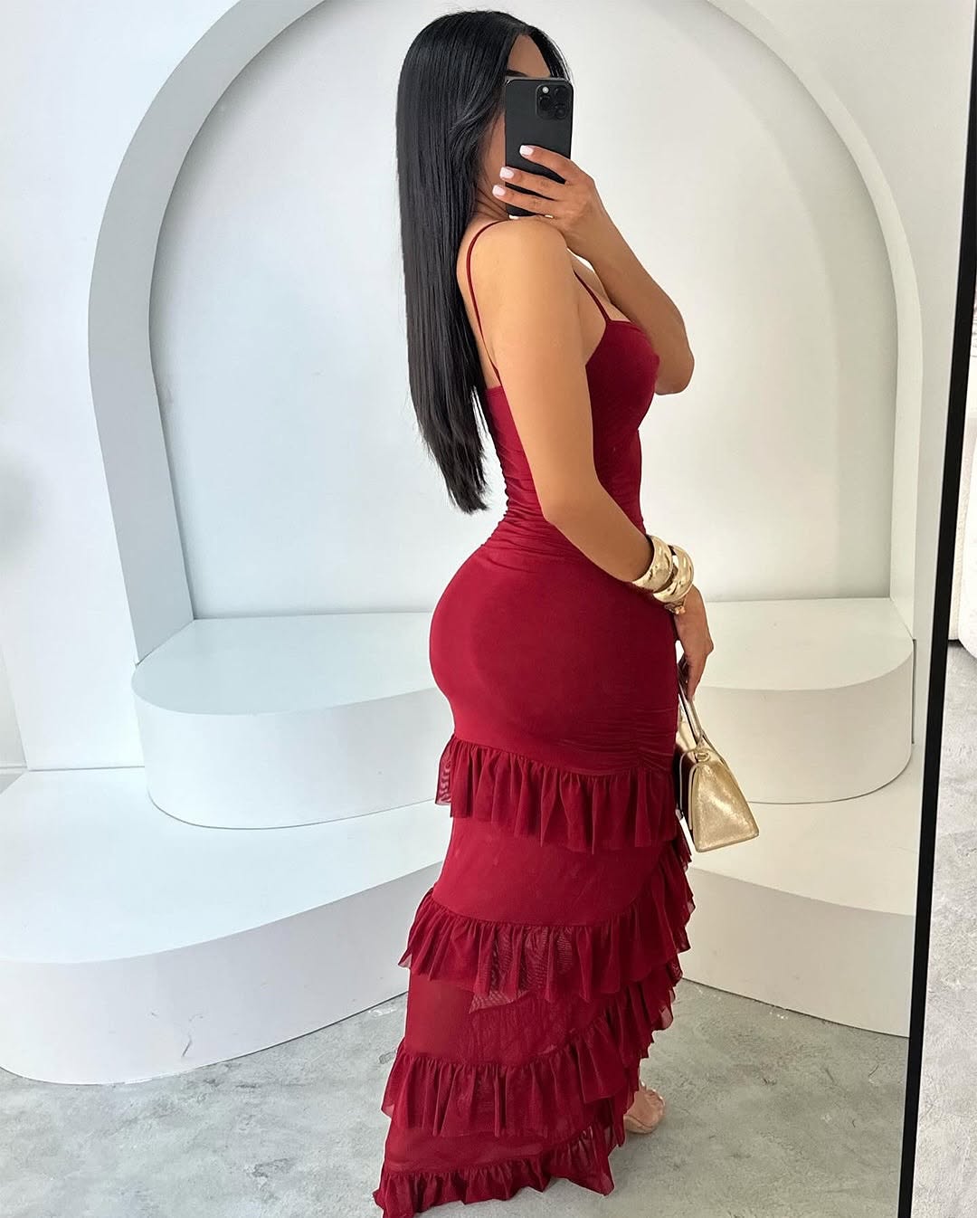 V1043# vestido longo justo com folhos