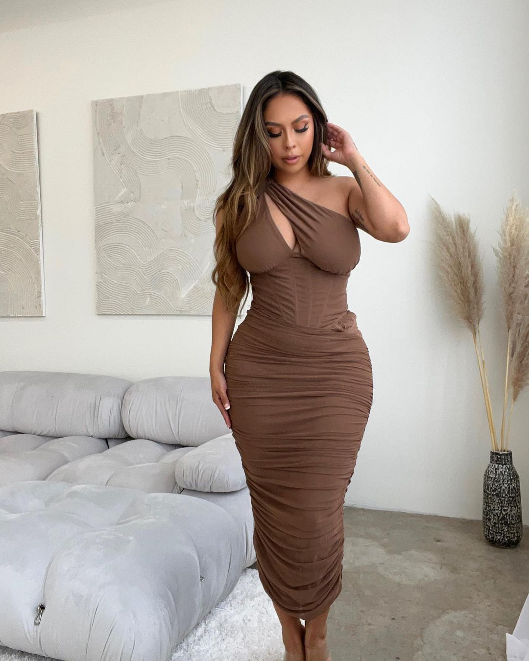 1812# One Shoulder Hollow Out Tube Knit Sheath Dress