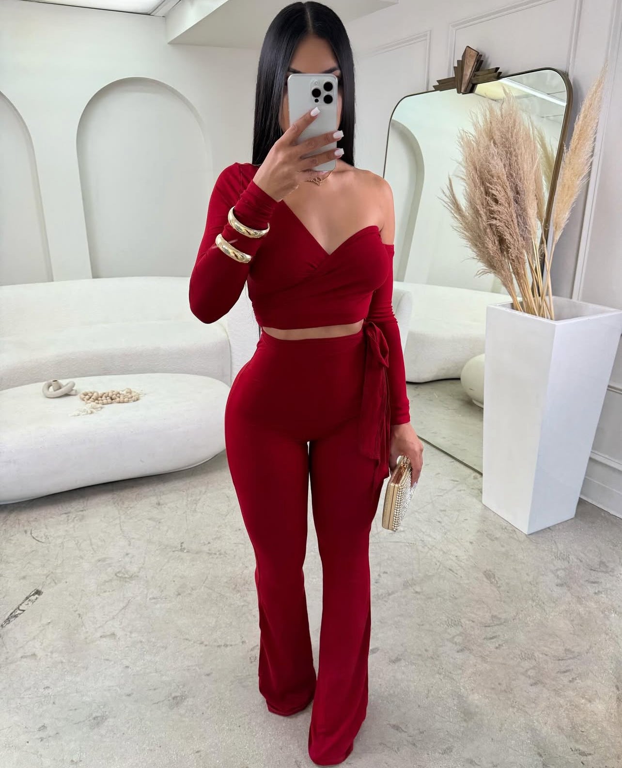 CJ1115# conjunto 2 peças com top versátil calça boca de sono justo