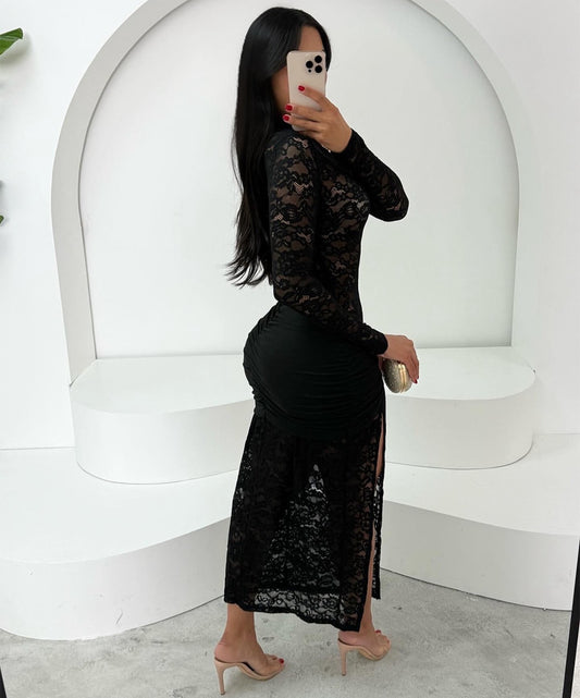 VL1140# vestido com manga longa de renda