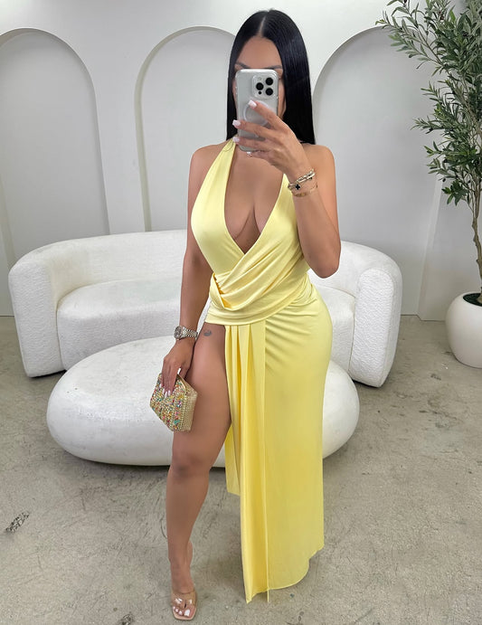 SX Vestido sexy, liso, sem costas, com fenda alta