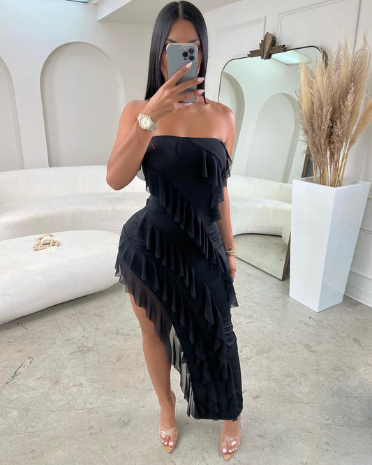 1708# Women's Strapless Asymmetrical Hem Dress With Ruffle Detail And 3d Floral Embellishment