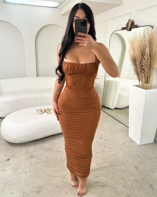 1823# Ruched Bustier Dress in Split Back Knit