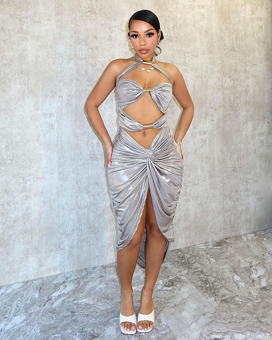 1917#Solid Twisted Knot & Ruched & High Slit Halter Neck Dress