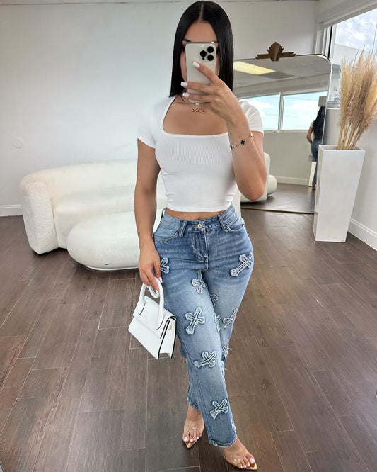 2021# Denim pants with cross details