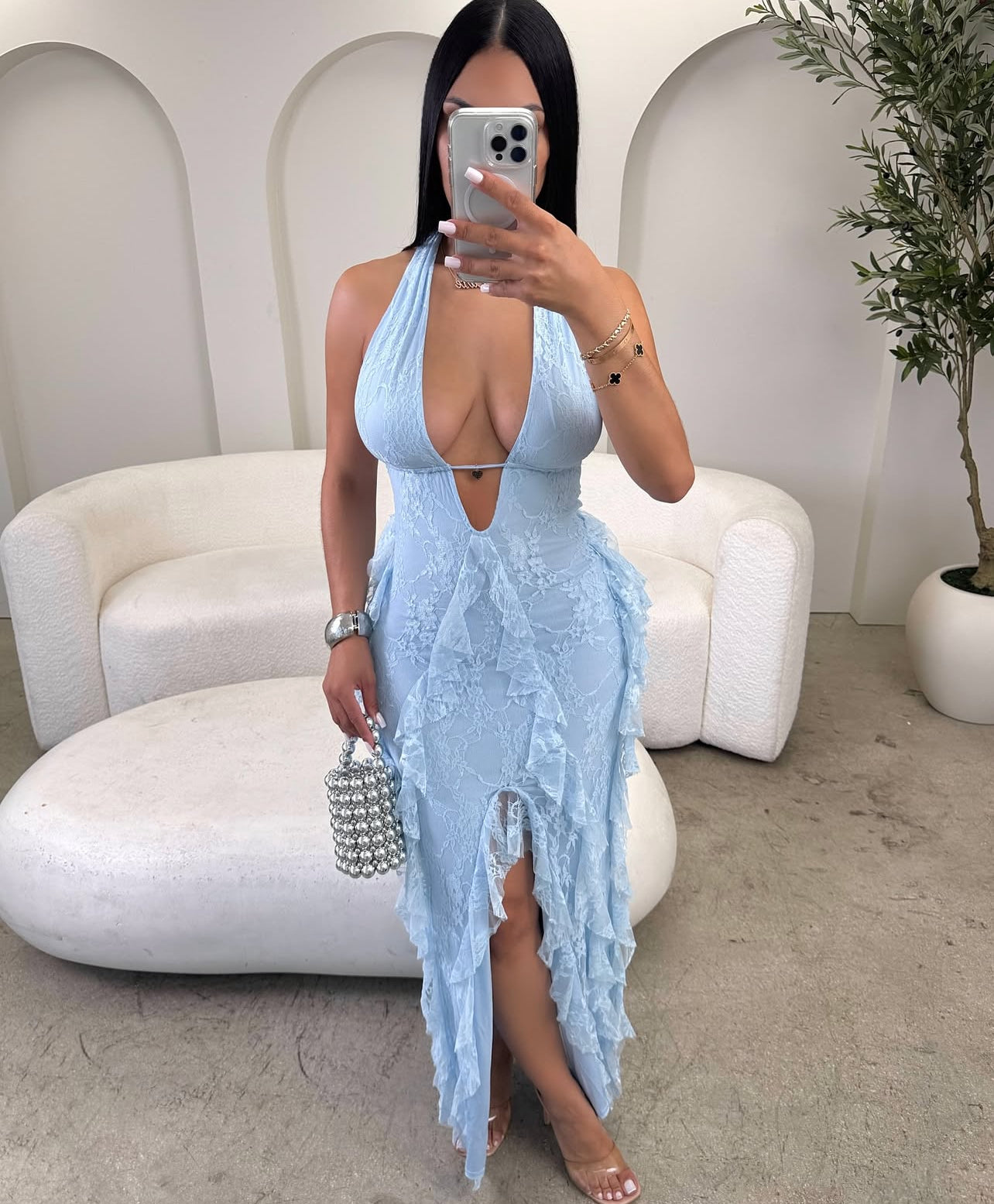 VL80057 Vestido longo sensual com decote alto e amarração nas costas