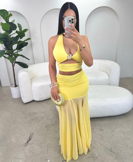 CJ80035 Conjunto de cropped top + saia de cintura baixa rabo de peixe elegante