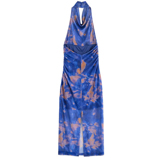 ZA10001# vestido longo plissado atrás em tule