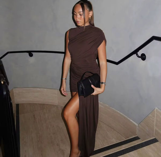 ZA10013#vestido plissado irregular