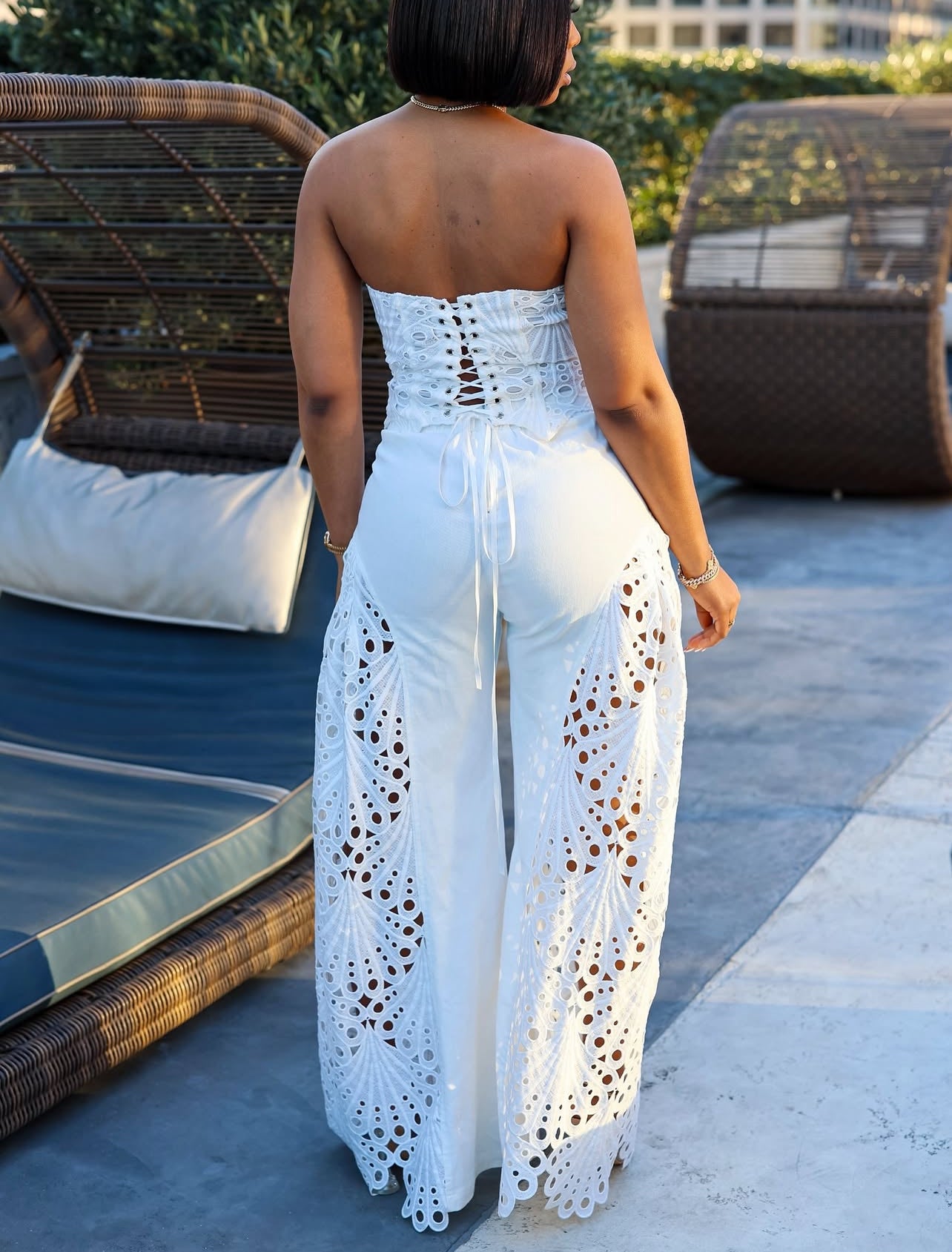 870100# Conjunto Sexy sem alças oco calças superiores 2 peça conjunto