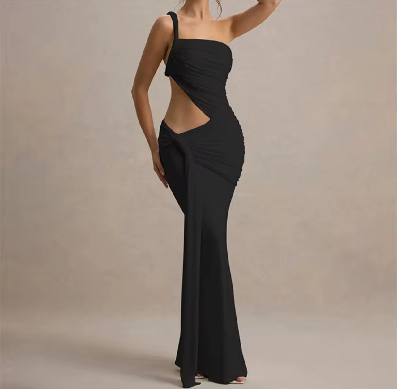 V1007# vestido longo justo irregular uma alça