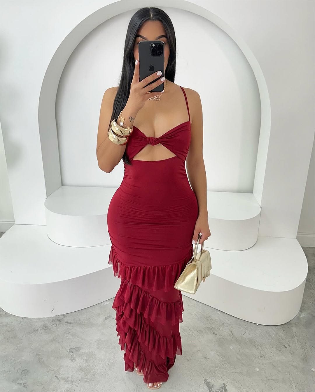 V1043# vestido longo justo com folhos