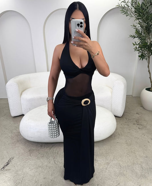 SX80073 Vestido longo sexy com decote profundo e amarração à frente