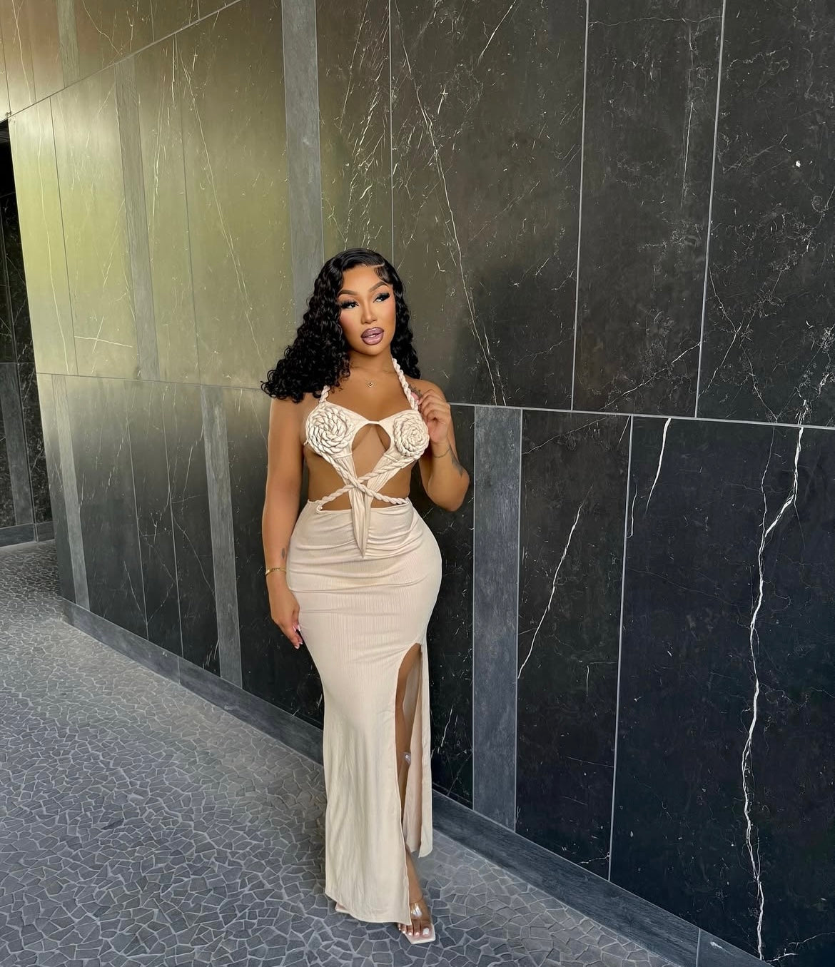 V10056# vestido longo com cordas sem alças