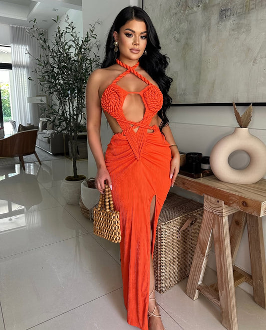 V10056# vestido longo com cordas sem alças