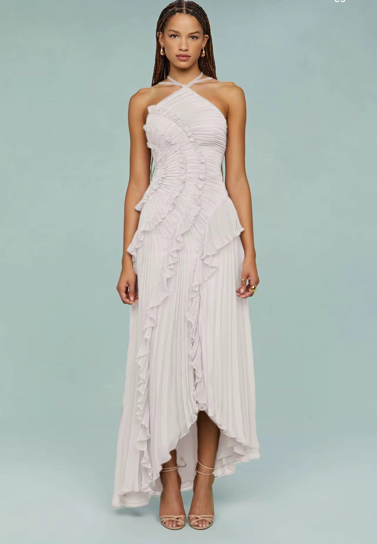 VL80059 Vestido longo assimétrico babados, para baile, elegante