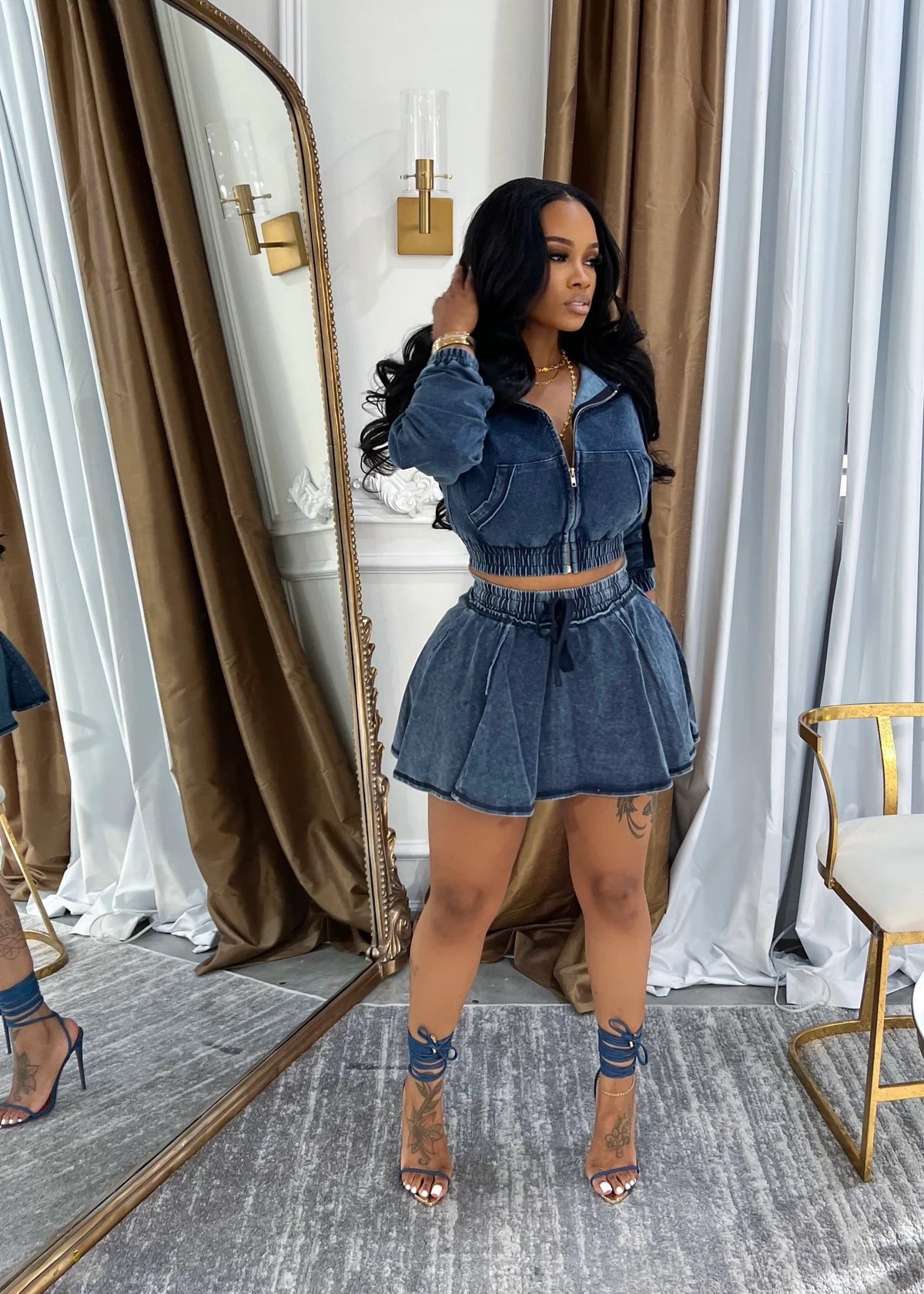 7004# conjunto Denim manga longa e saia curta