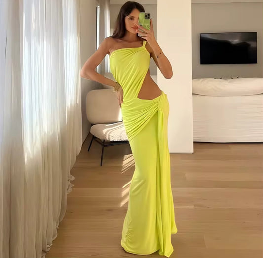 V1007# vestido longo justo irregular uma alça