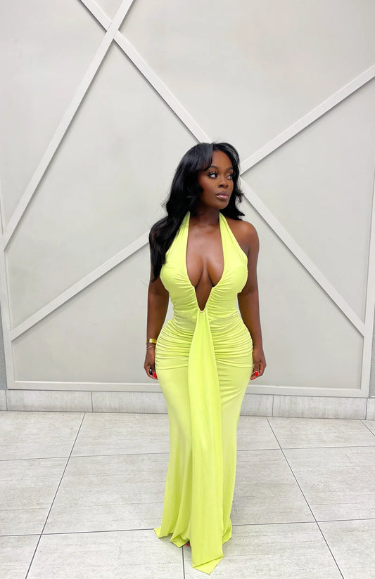 80064 Vestido elegante sem mangas com decote em V profundo e costas abertas, franzido