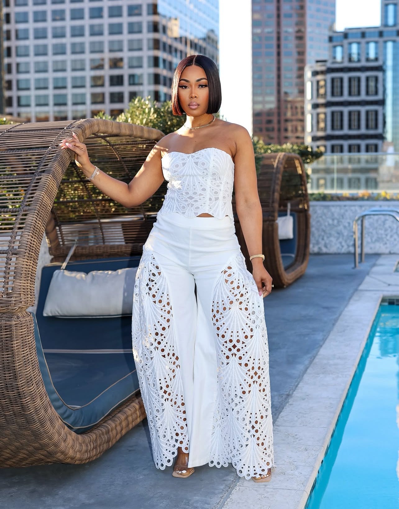 870100# Conjunto Sexy sem alças oco calças superiores 2 peça conjunto