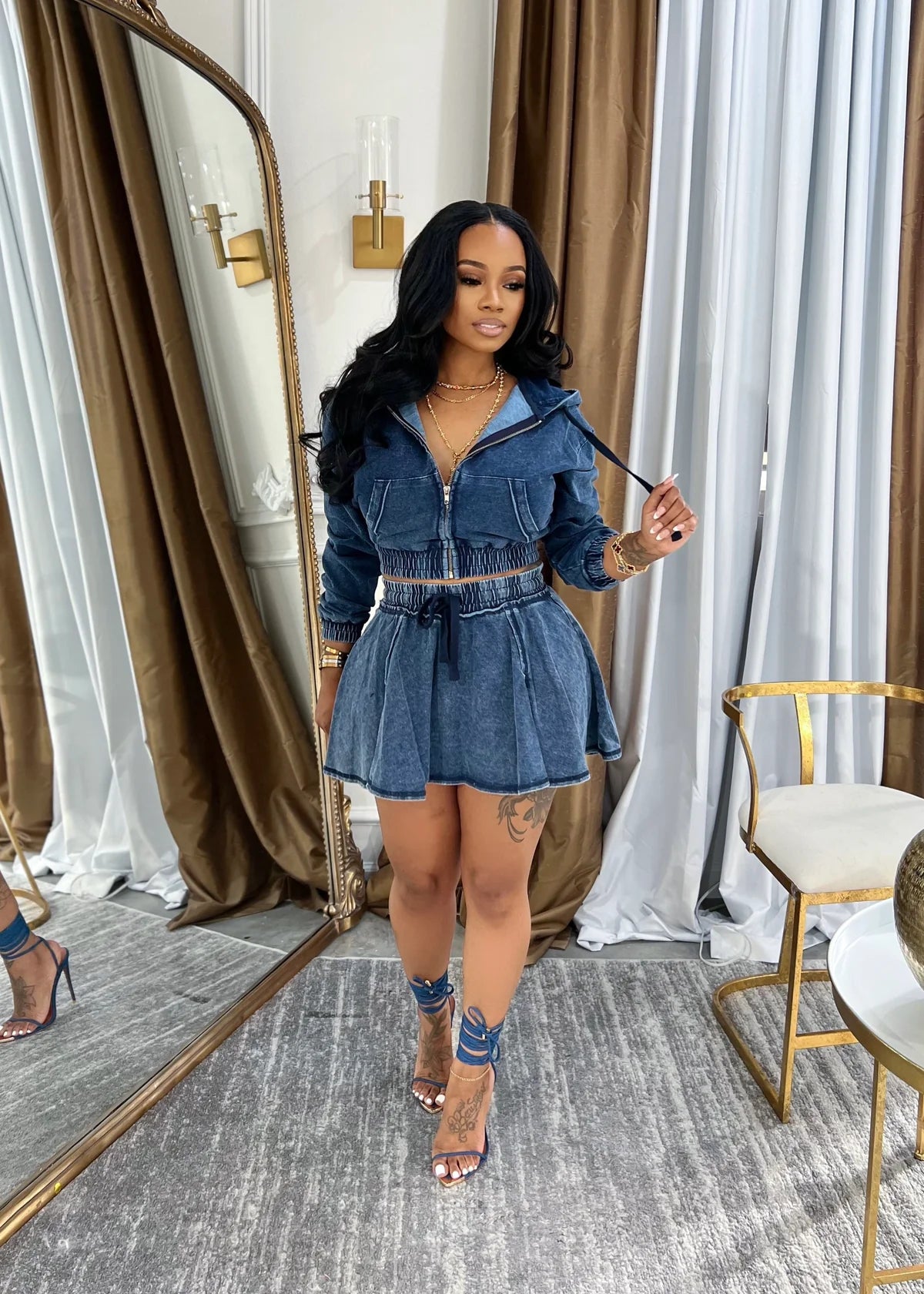 7004# conjunto Denim manga longa e saia curta