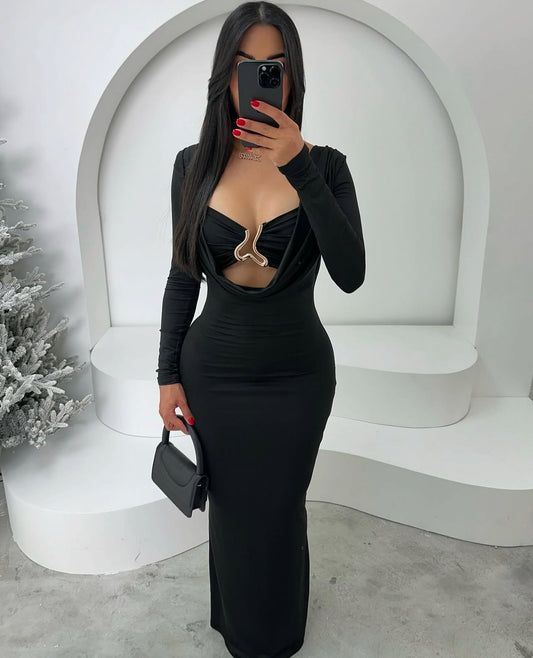 VL80039 vestido de festa elegante com decoração metálica feminina, vestido longo justo e elástico de malha