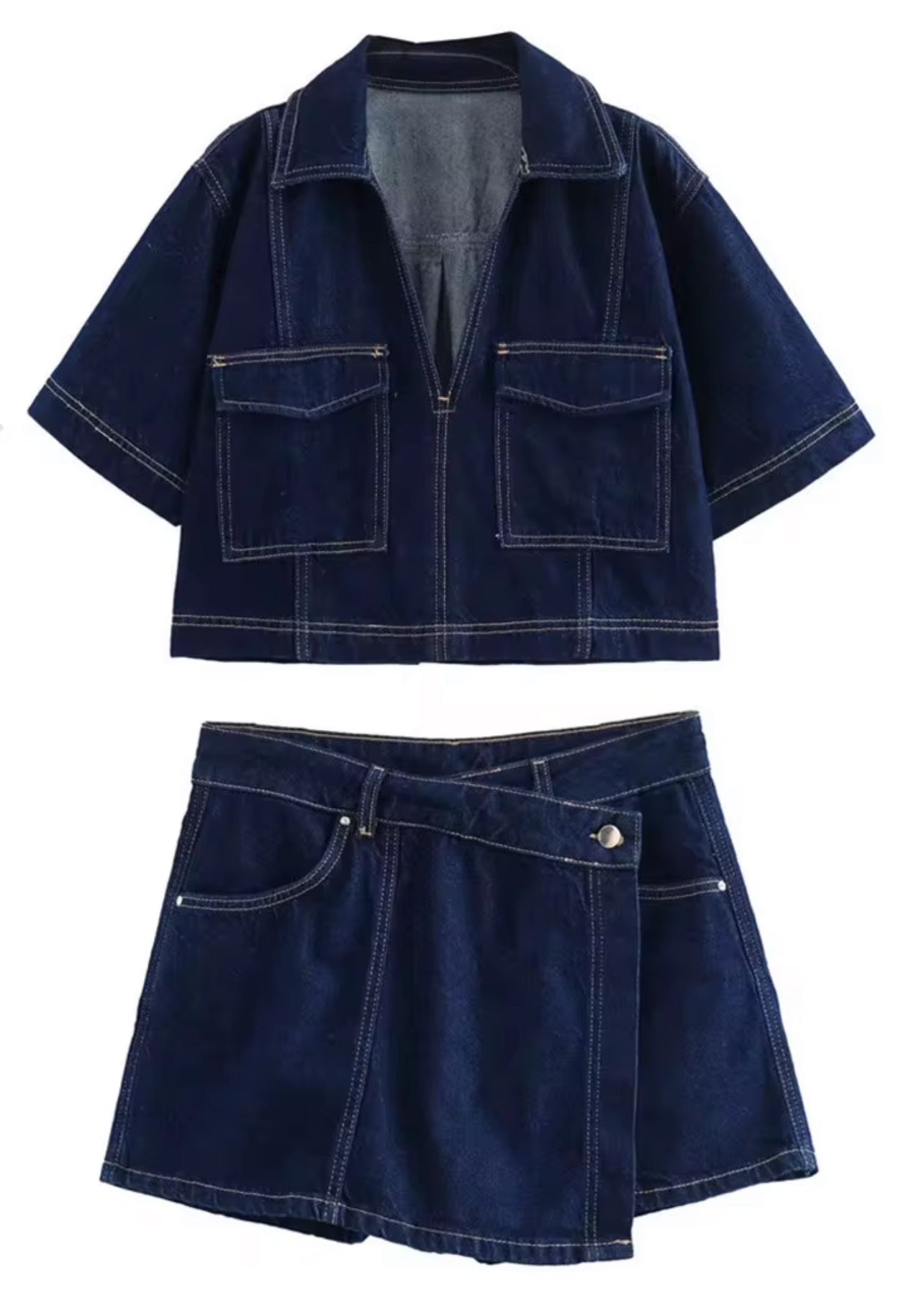 CJ80017#Conjunto de 2 peças de blusa jeans manga curta solta e shorts largos de perna larga