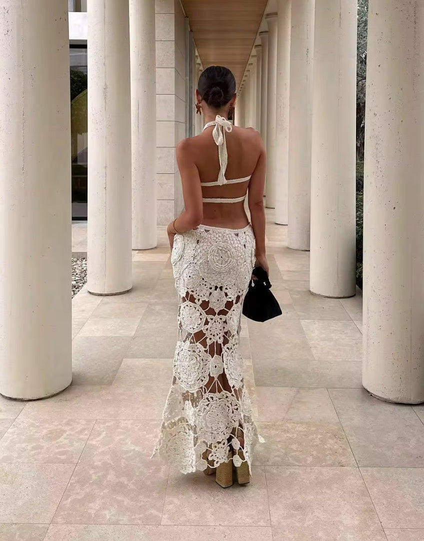 P80017# Vestido amarrado no pescoço com cobertura mini saia