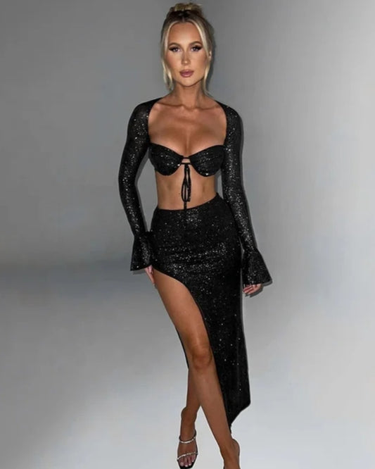 1617# Knitted Crop Top with Tie Back, Tie Front and Thigh Slit Skirt