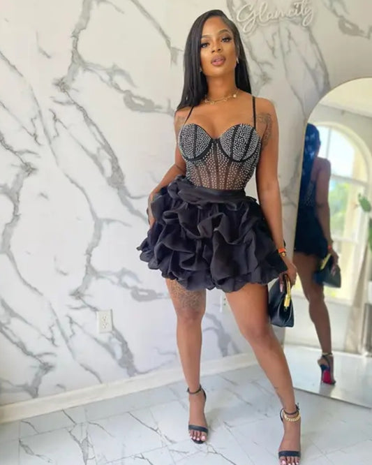 #1615 Minivestido de malla con diamantes de imitación y piedras