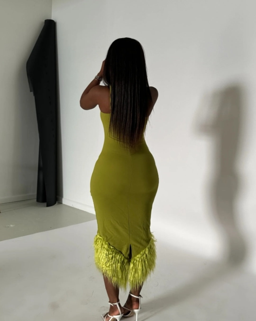 #1602 Long fitted dress with fur