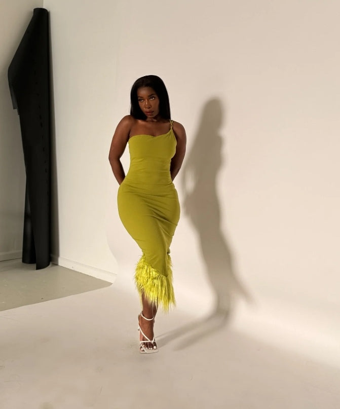 #1602 Long fitted dress with fur