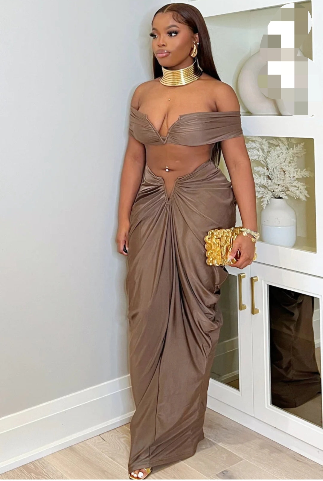 1724# V-neck top long ruched skirt V-belly