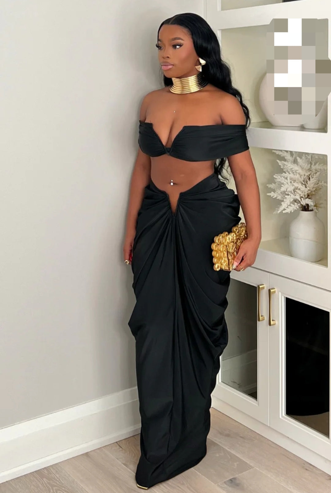 1724# V-neck top long ruched skirt V-belly