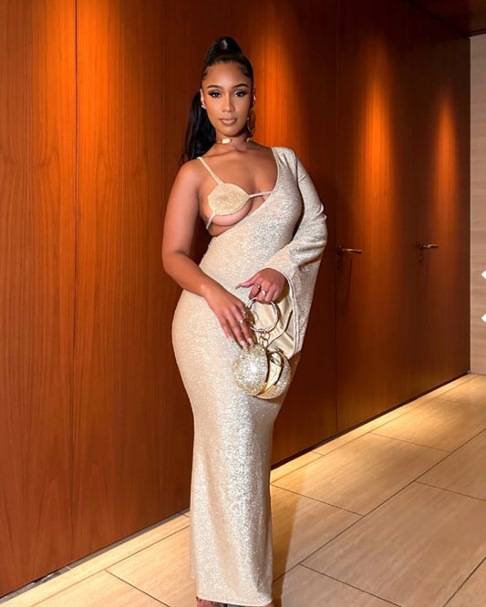 1835# Asymmetrical Neck Cut Out Fitted Dress