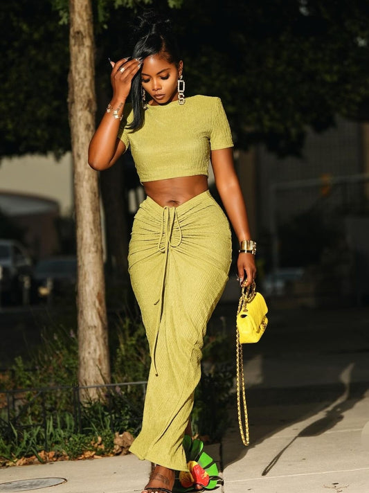 Women Spring Summer Elegant White Short Sleeve T-Shirt and Drawstring Pleated Skirt 2 Piece Set