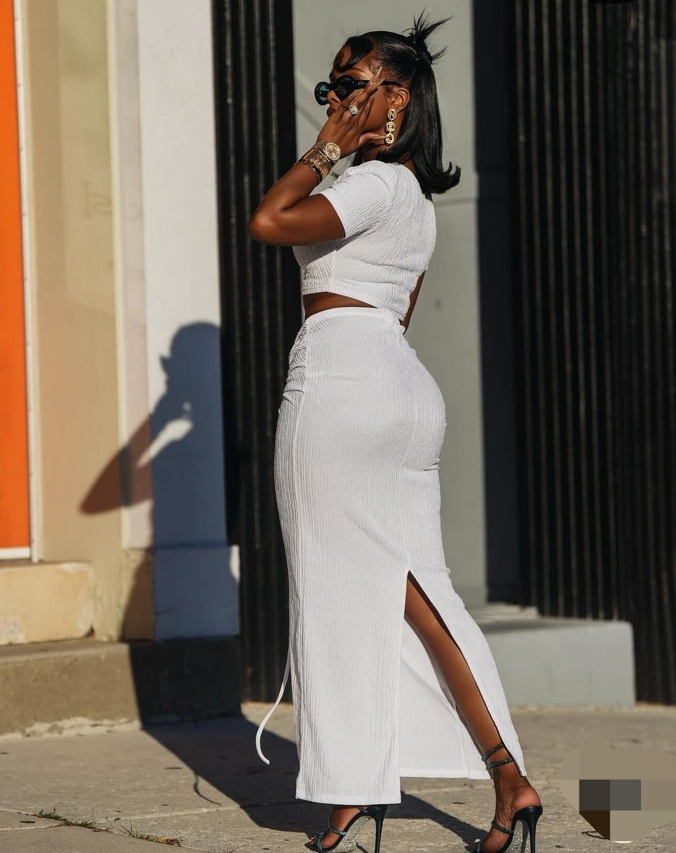 Women Spring Summer Elegant White Short Sleeve T-Shirt and Drawstring Pleated Skirt 2 Piece Set