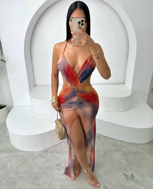 5001#vestido longo multicolor deconte em V