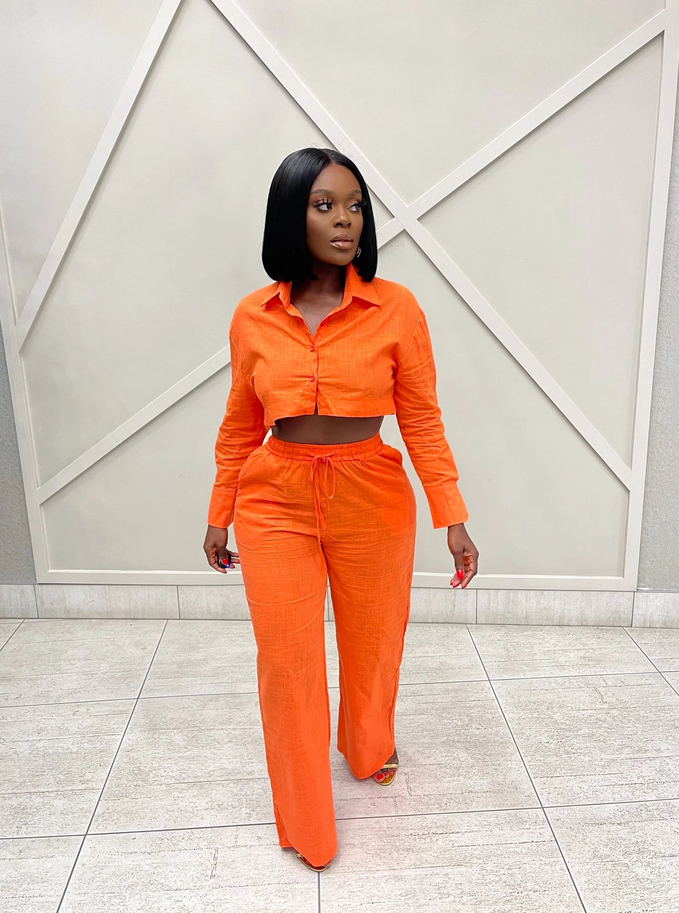 #7029 conjunto duas peças em linho com camisa cropped