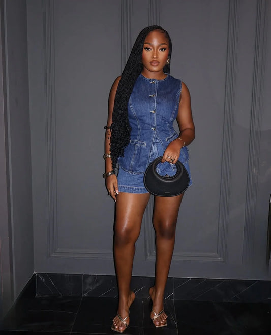 #7026 conjunto casual retro em ganga