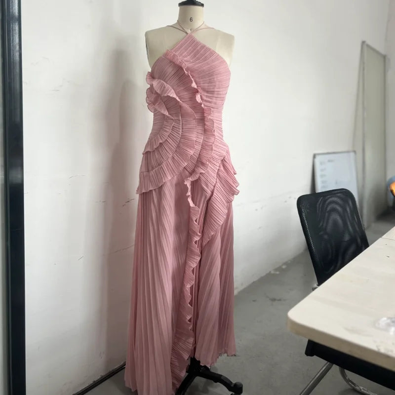 Vestido longo elegante e chique com borda de lótus, corte justo, costas nuas, com cadarço, sem mangas, para festa,