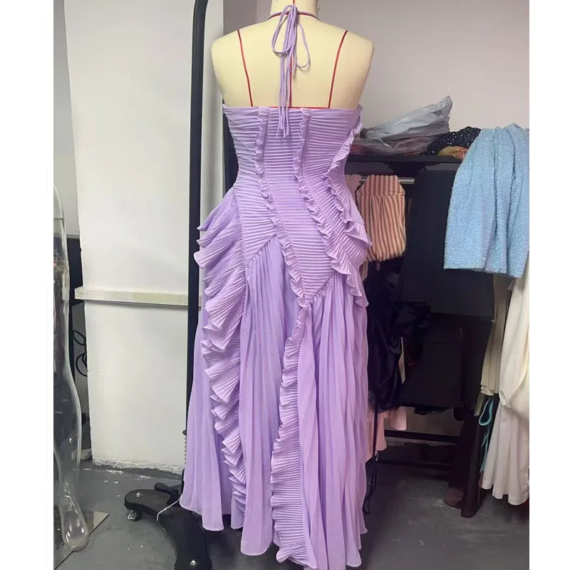 Vestido longo elegante e chique com borda de lótus, corte justo, costas nuas, com cadarço, sem mangas, para festa,