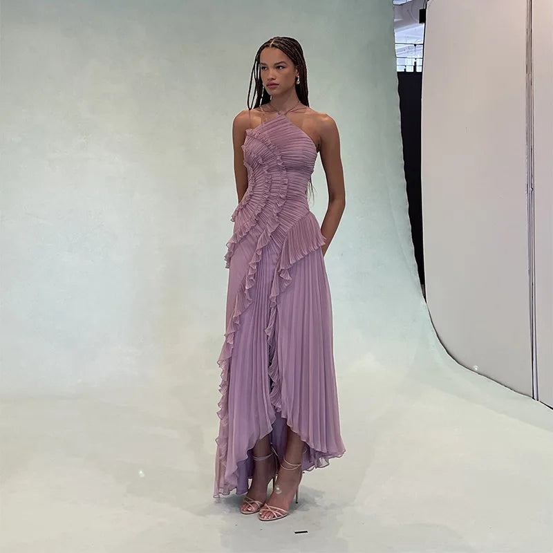 Vestido longo elegante e chique com borda de lótus, corte justo, costas nuas, com cadarço, sem mangas, para festa,