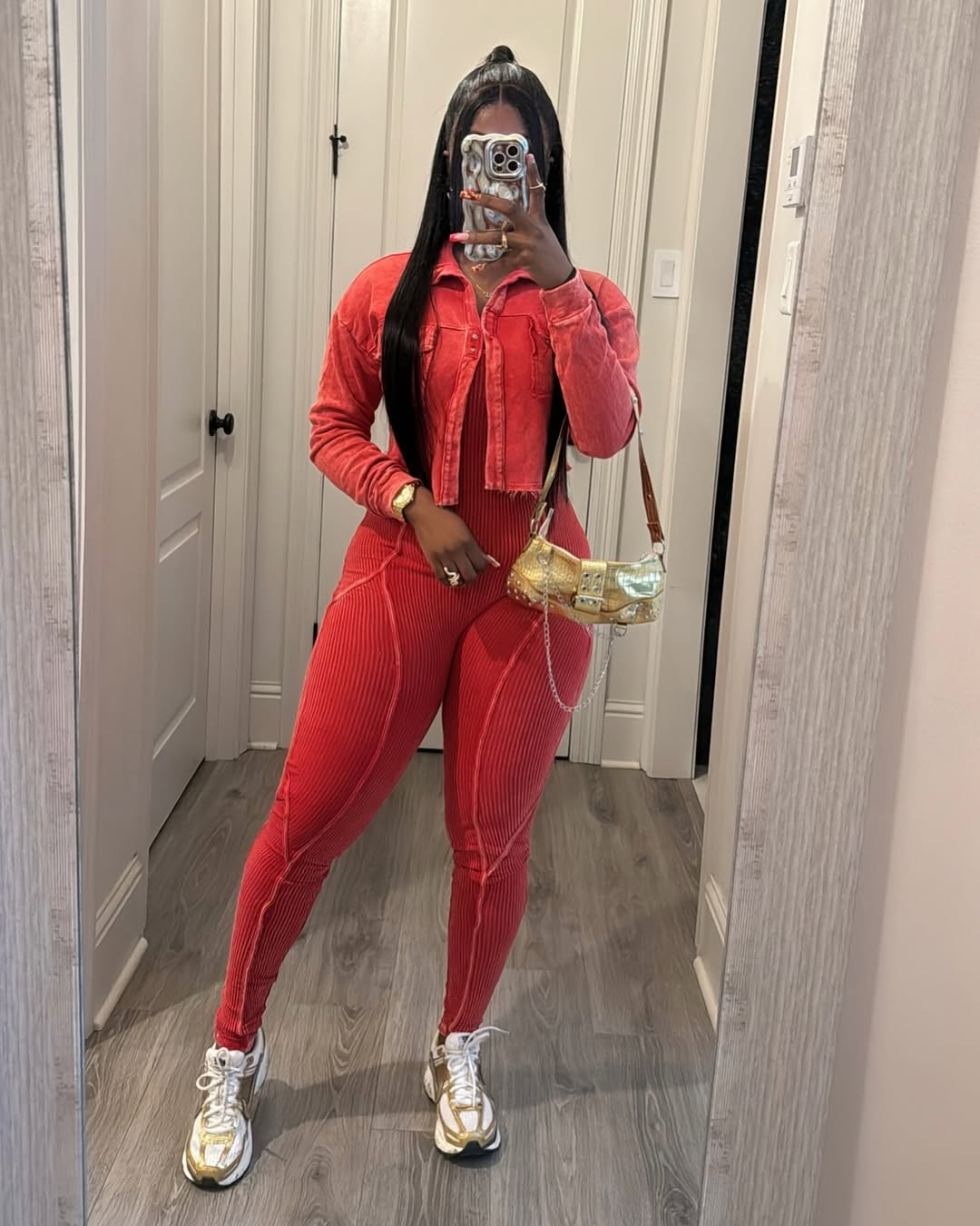 5020# Conjunto de Duas Peças Casaco Curto de Manga Longa com  e Macacao em Cor Sólida