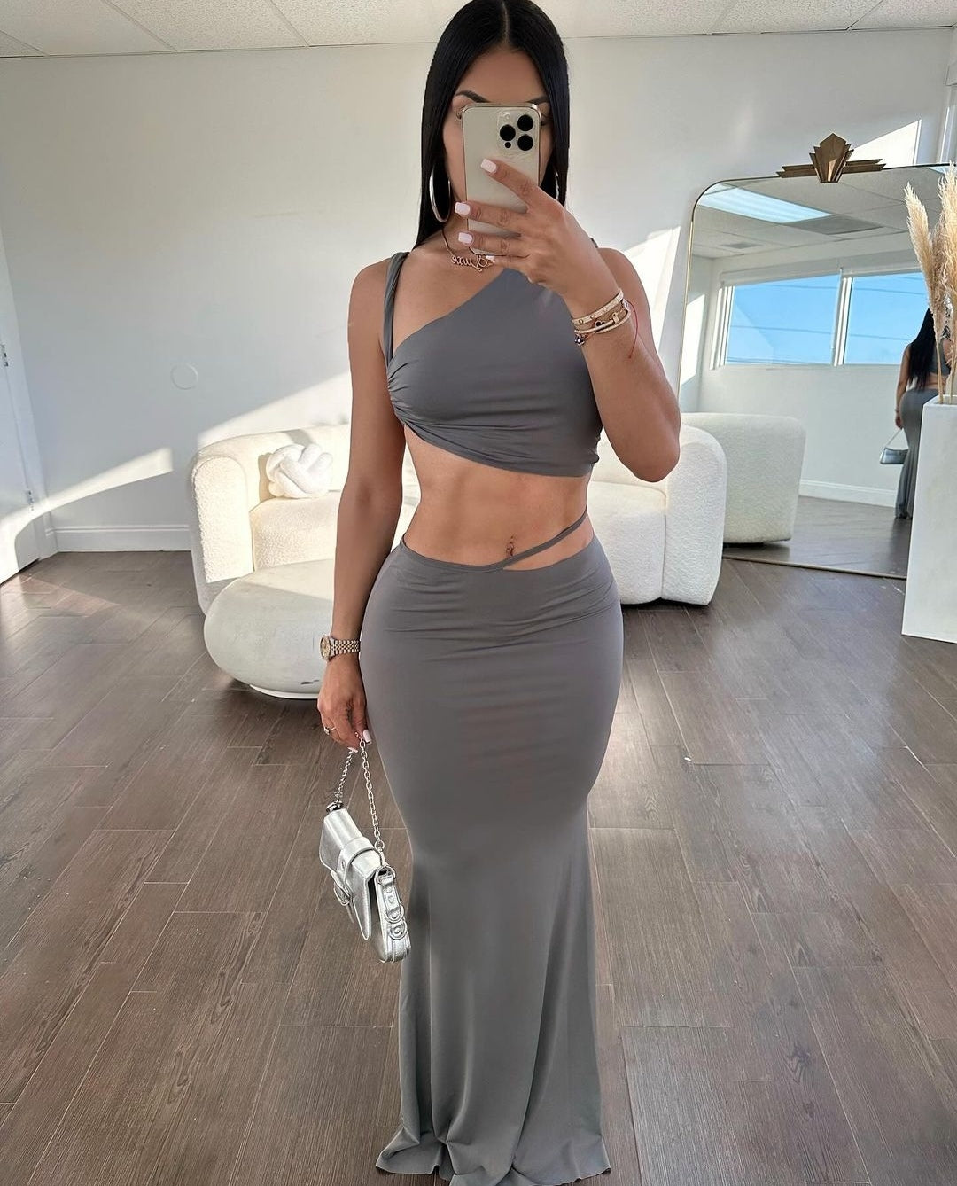 4024# Asymmetrical Neck Crop Top and Mermaid Hem Skirt Set Gray
