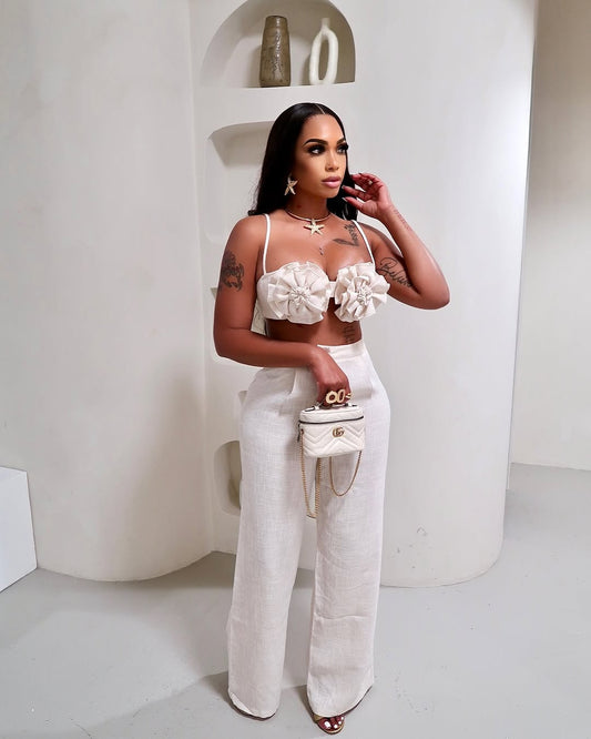 5002# 2 Piece Set: Solid Color 3D Floral Bralette Top & High Waist Wide Leg Pants