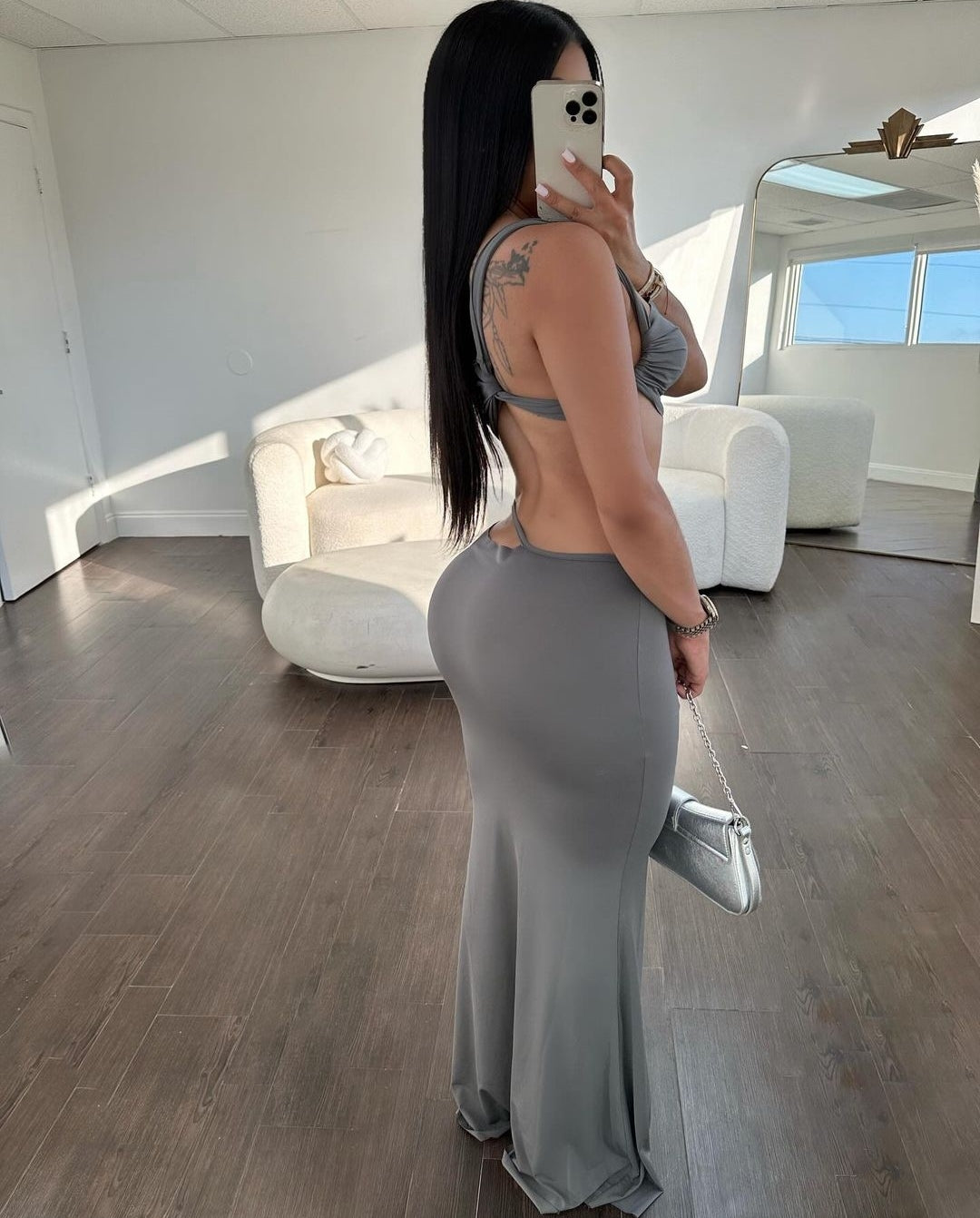 4024# Asymmetrical Neck Crop Top and Mermaid Hem Skirt Set Gray