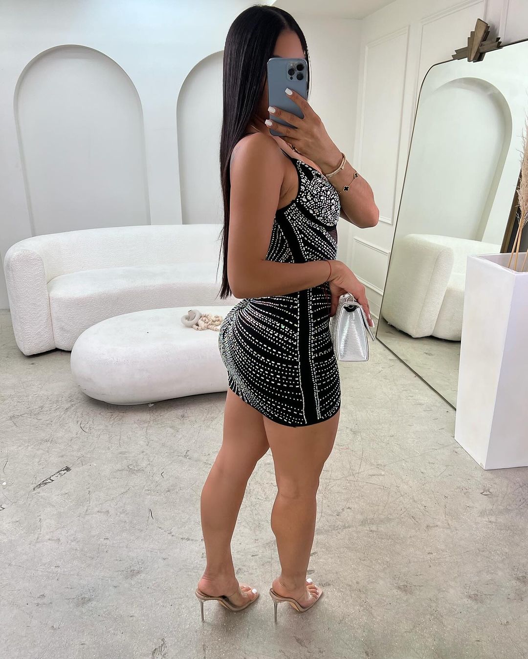 1502# Mesh Dress Rhinestone Detail Bodycon Dress